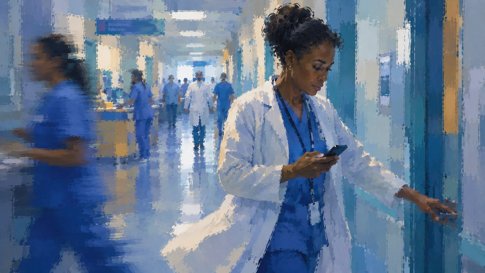 Impressionist painting of a doctor in a hospital corridor checking a phone as colleagues pass.