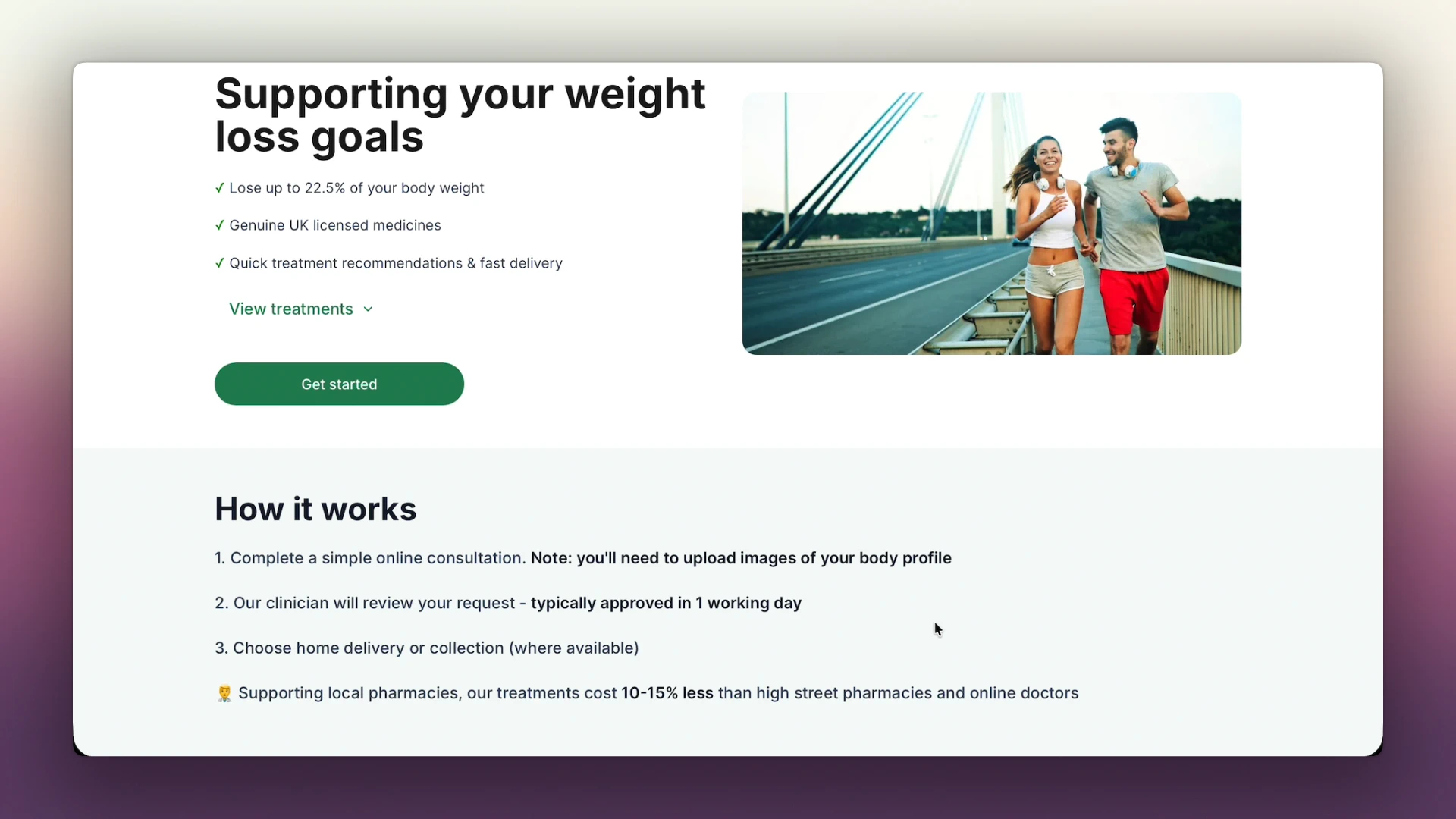 Healthera's Mounjaro weight-loss page: a 'Supporting your weight loss goals' header promising 'Lose up to 22.5% of your body weight', above a 'How it works' section covering the clinician review and the 10-15% price claim.