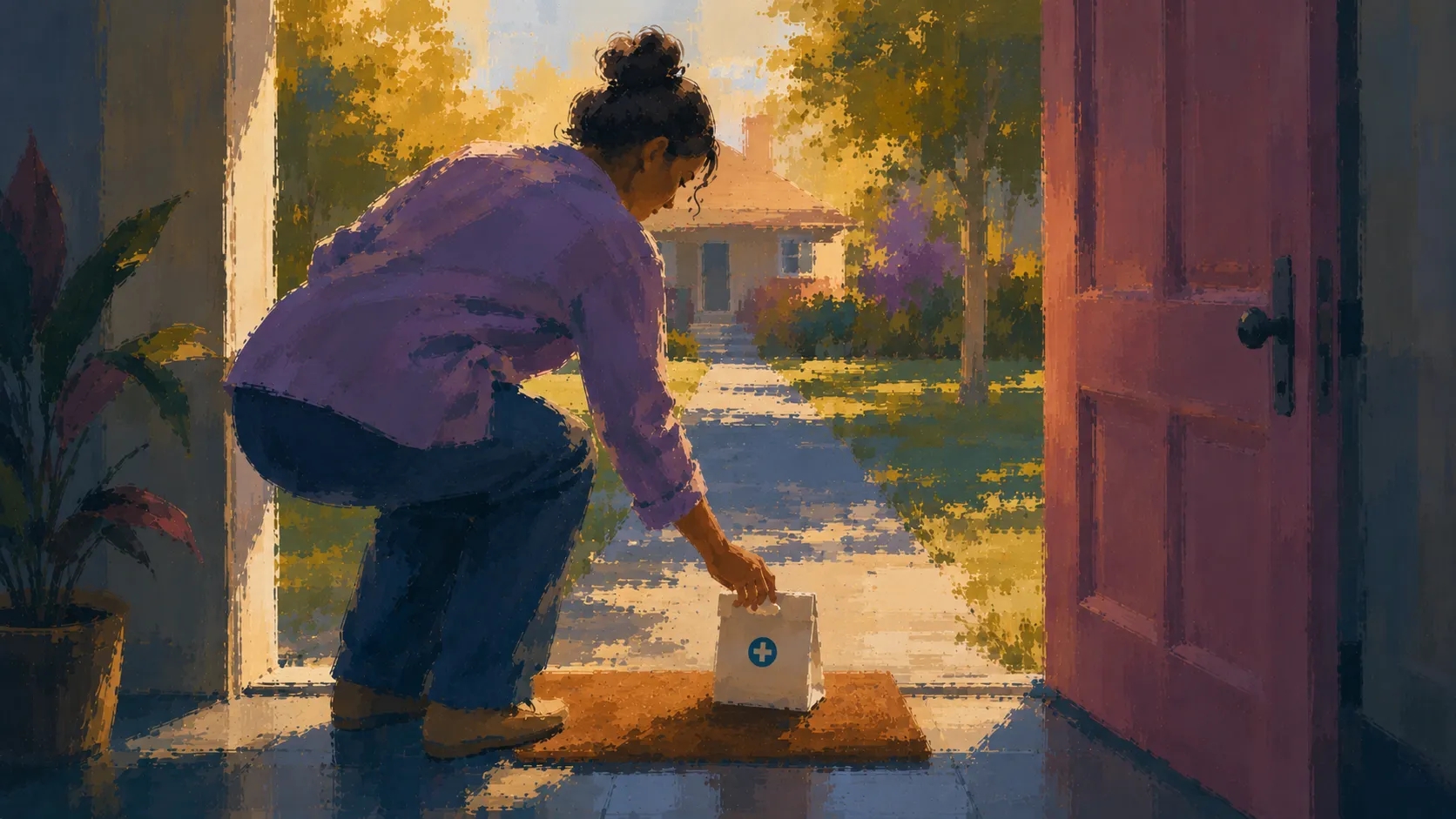 Impressionist painting of a woman collecting a medicine delivery parcel from the doormat at her open front door.