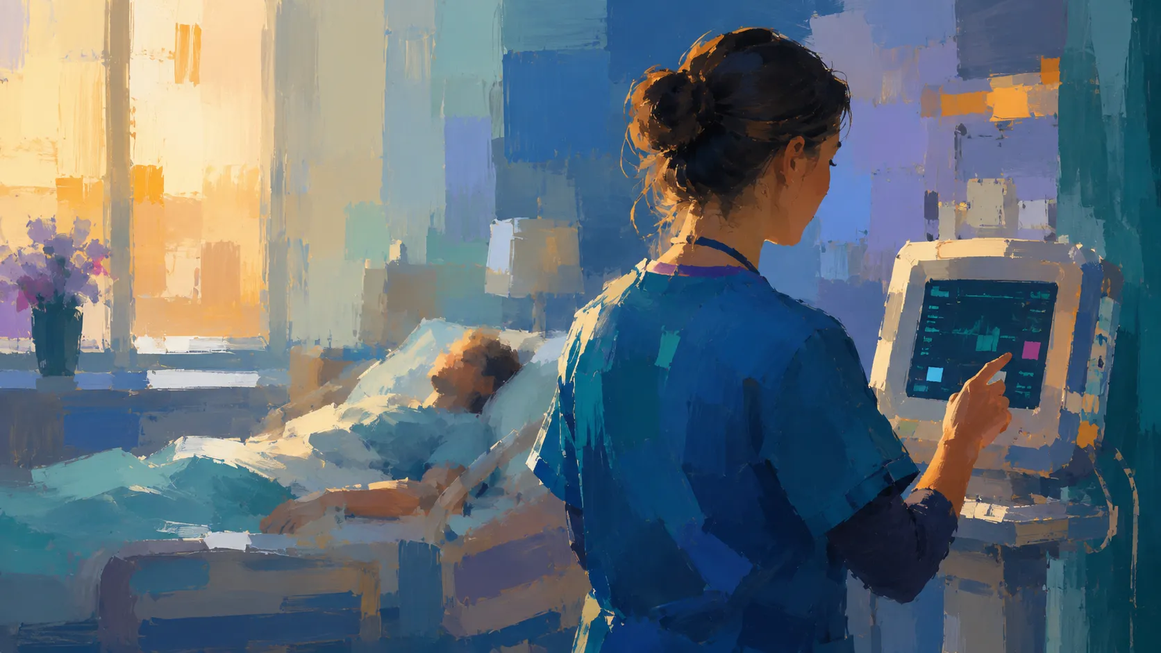 Impressionist painting of a nurse at a patient's bedside using a monitor's touchscreen in a hospital ward.