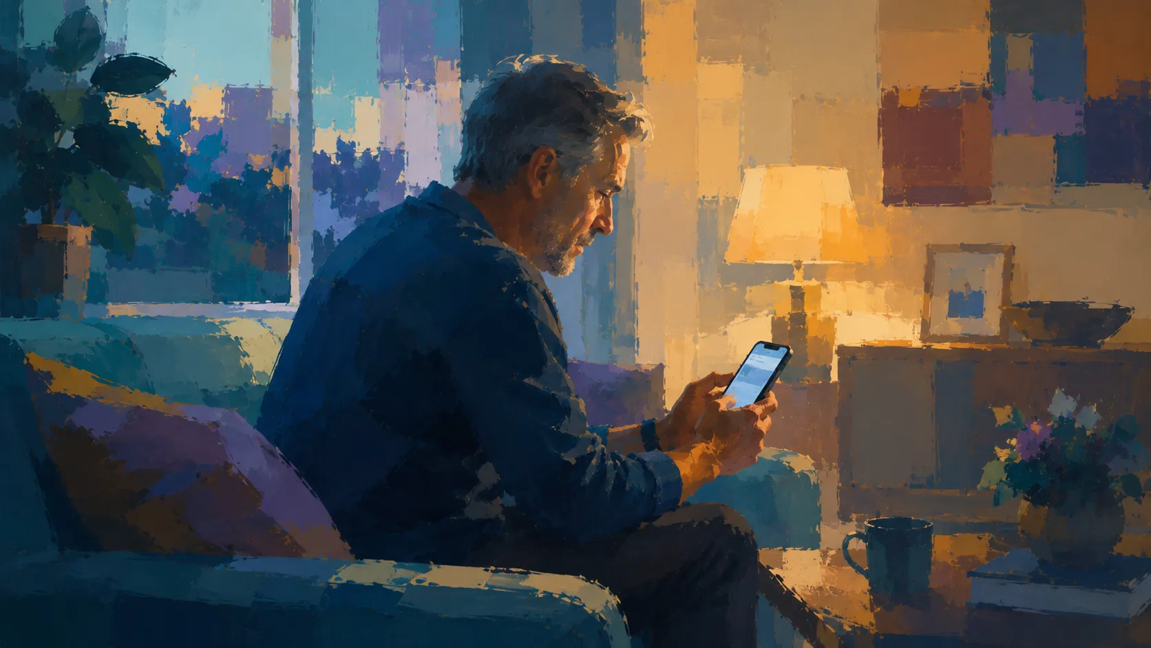 Impressionist painting of a man sitting on a sofa at home in the evening, using a health app on his phone.