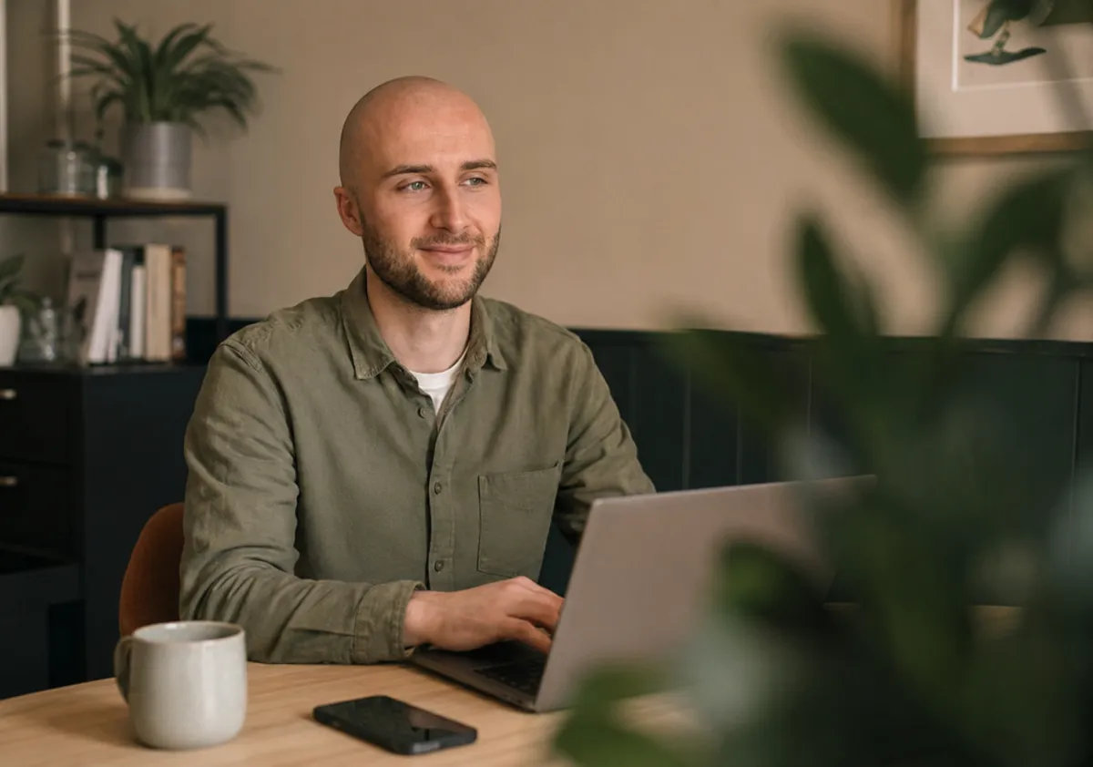 Oli Batstone working at his laptop