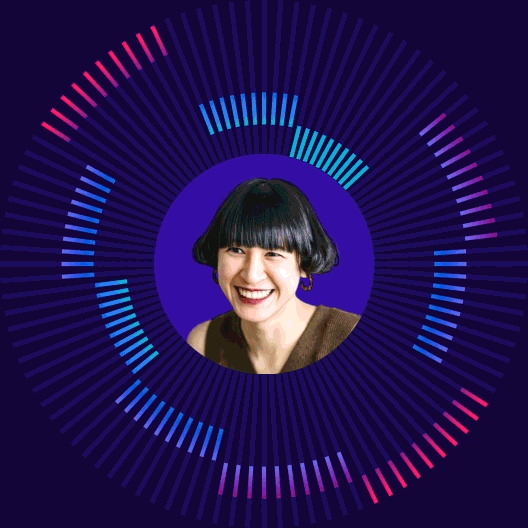 An animated circular graphic with differently coloured segments and a profile picture in the centre that changes every few seconds alongside the position of the segments.