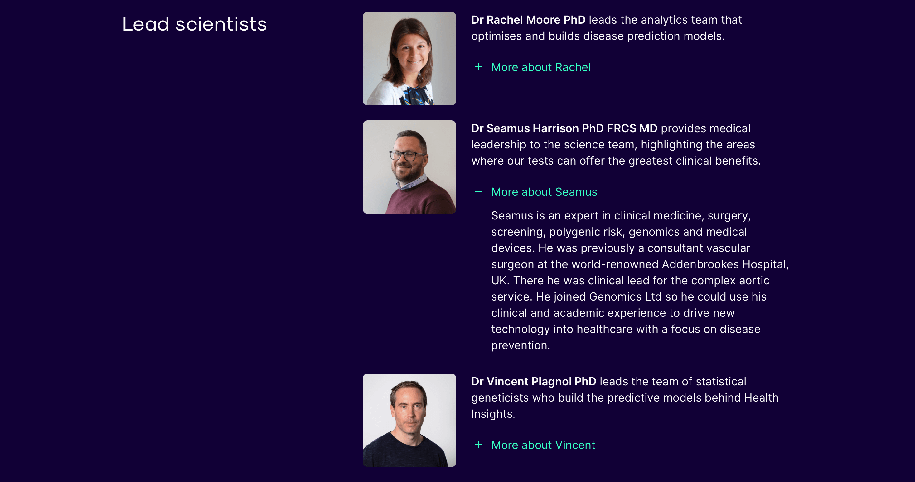 A section of a web page featuring 3 scientists with an extended description for 1 scientist.