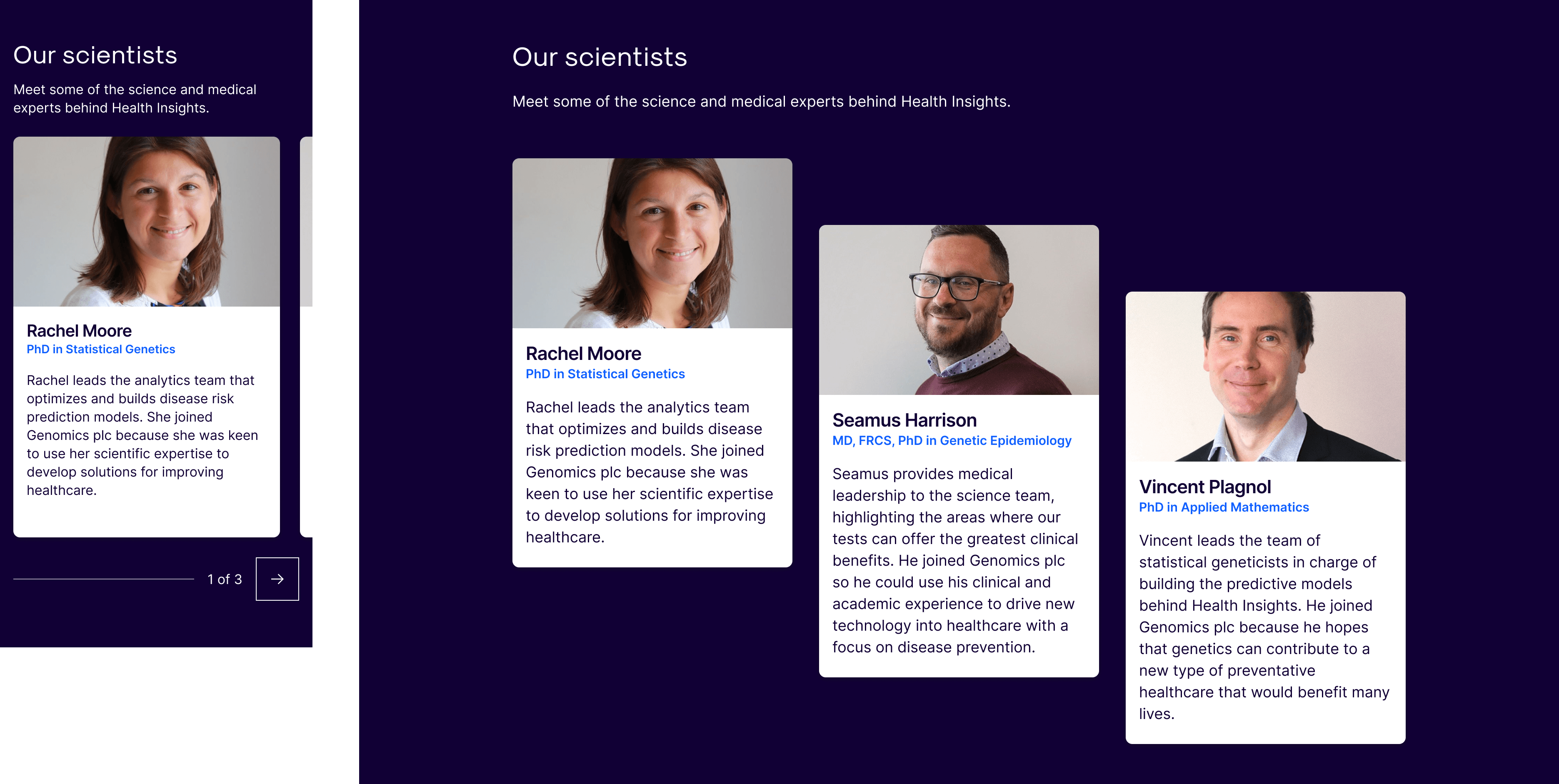 A section of a web page featuring 3 scientists with a short description for each.