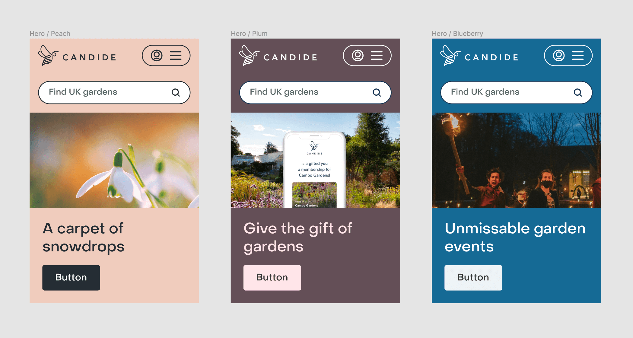 Iterating on hero layouts in core Candide colour ideas