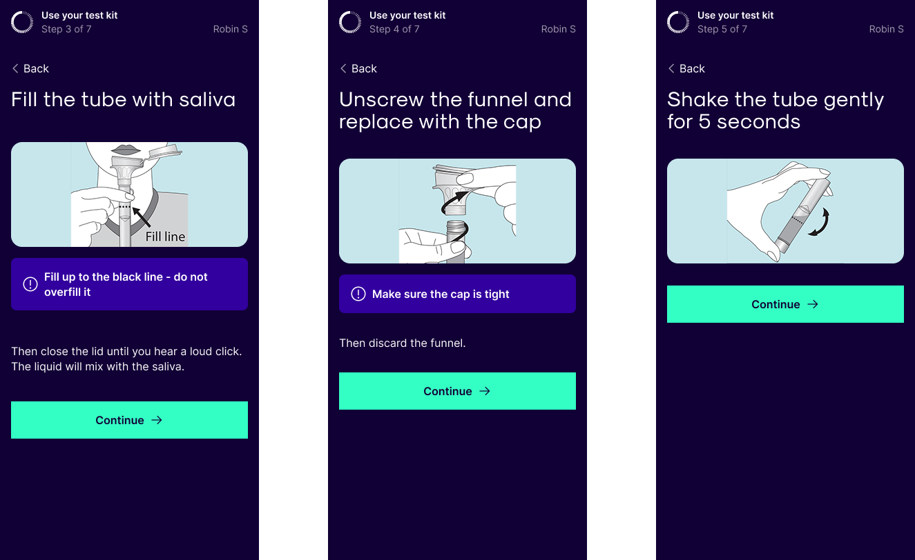 3 phone mock ups showing stages in the kit activation flow of opening the container, entering the code and spitting and closing.