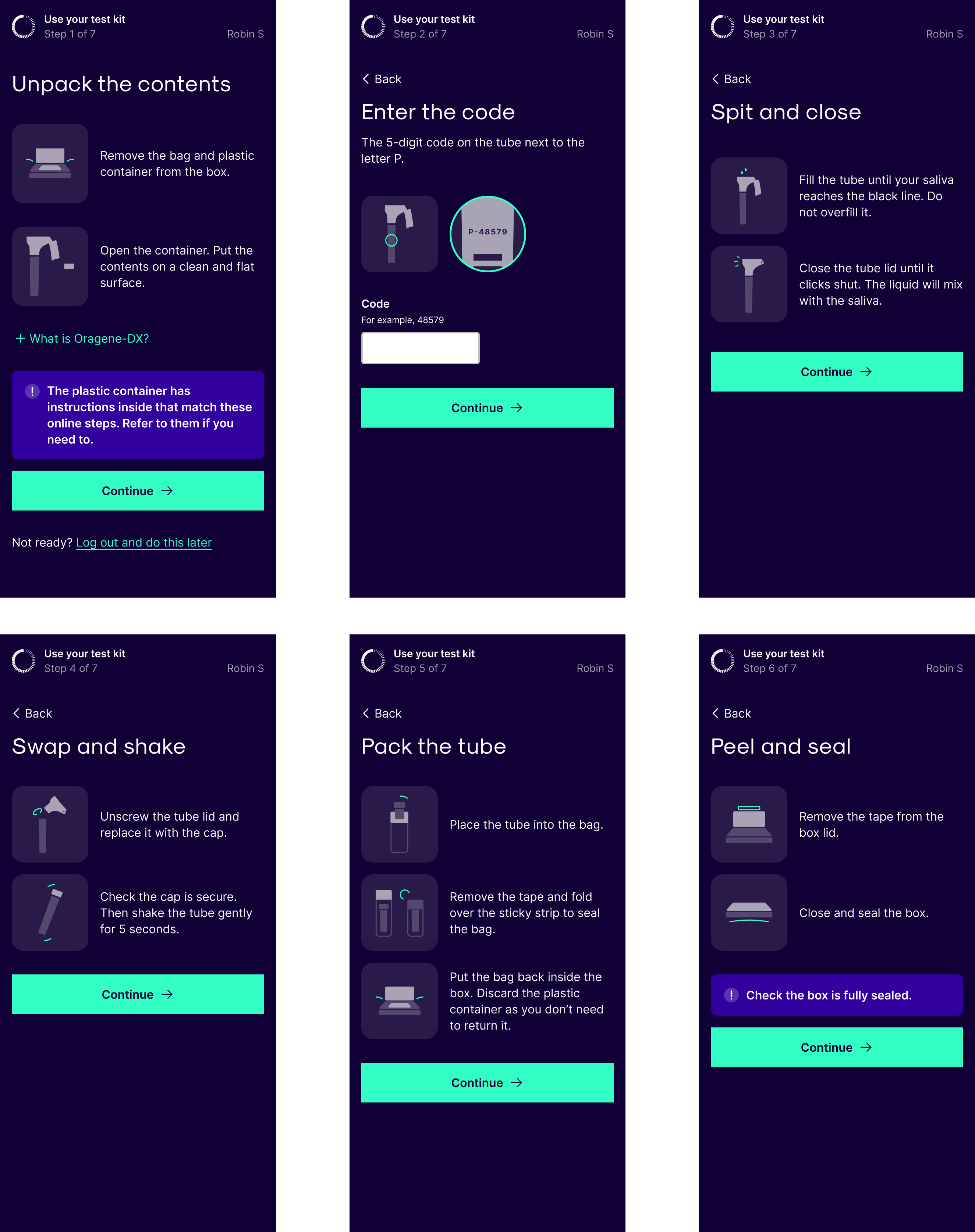 6 phone mock ups showing all stages of the kit activation flow.