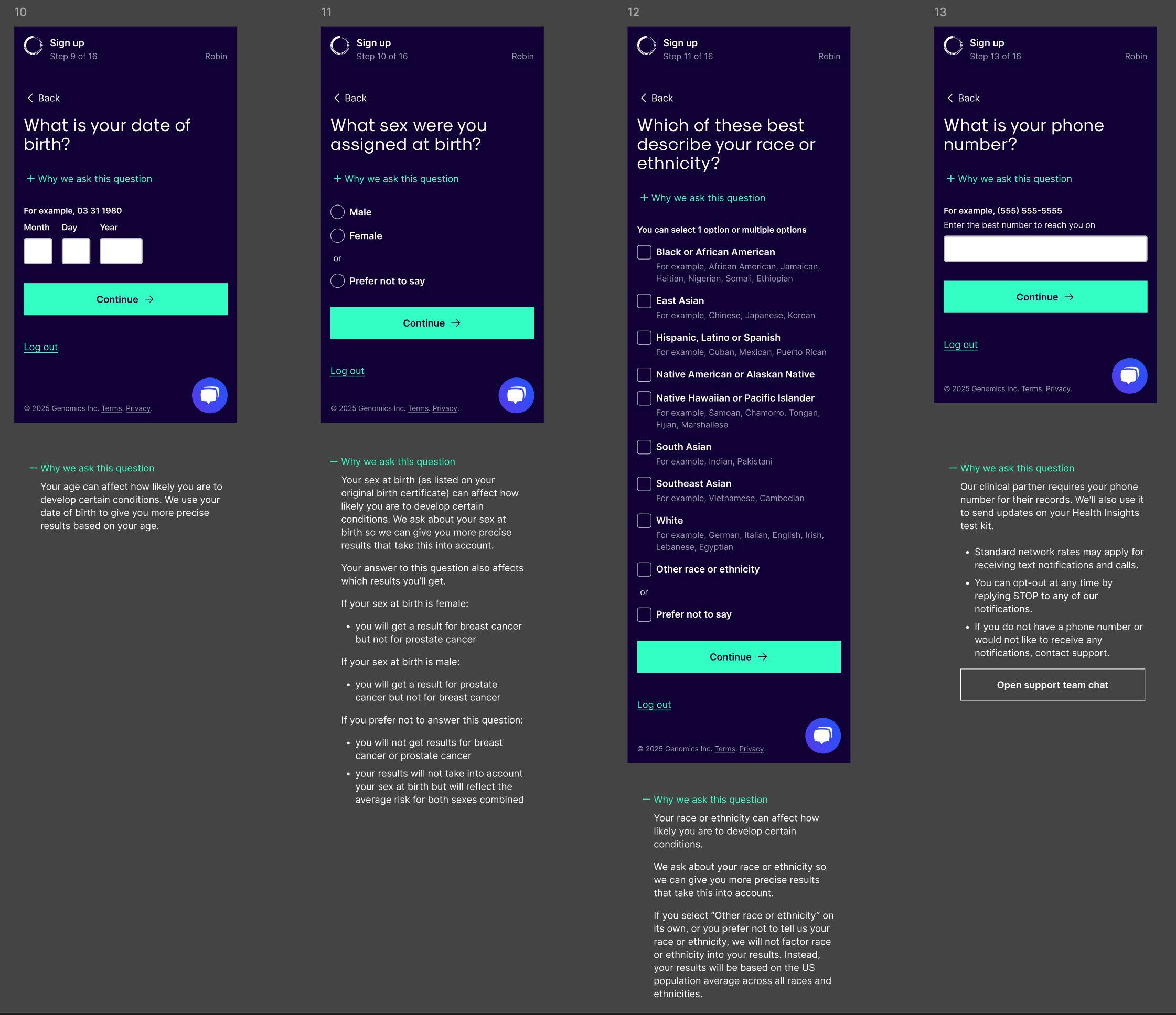 4 mobile screens with a question on each; what is your date of birth, what sex were you assigned at birth, which of these best describe your race of ethnicity, and what is your phone number.
