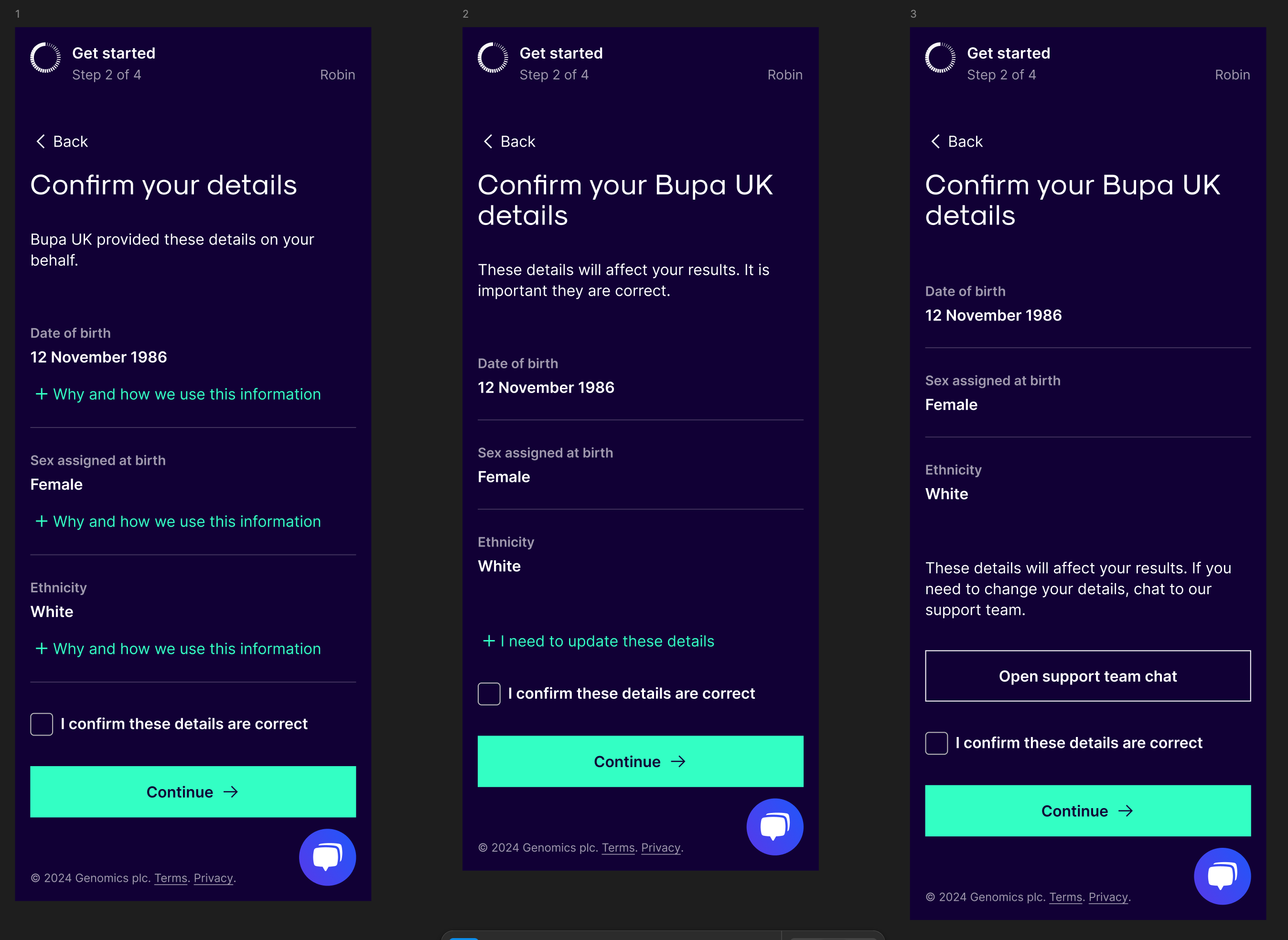 3 mobile screens that show different approaches to showing information about what Health Insights collects and what it does with it.