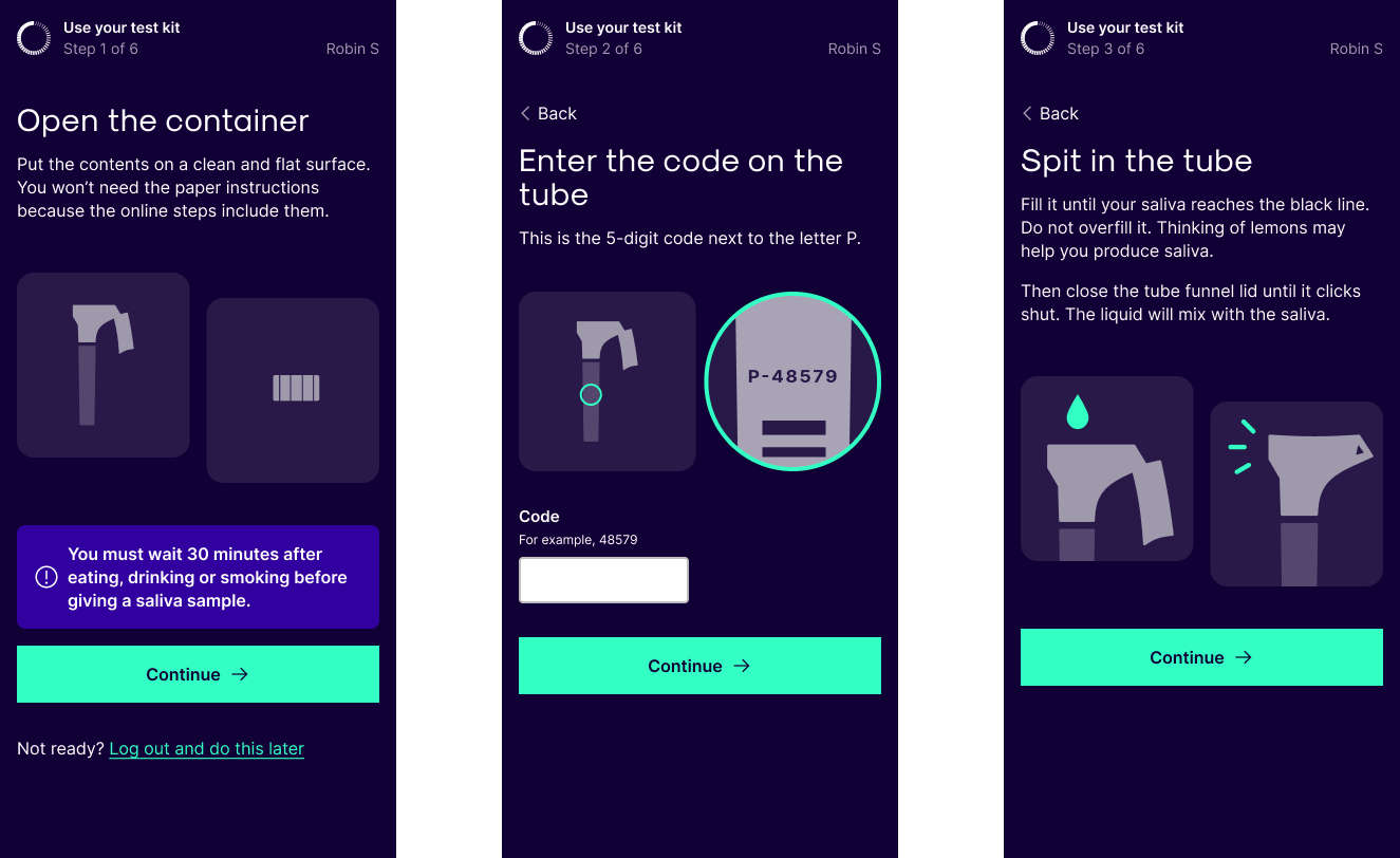 3 phone mock ups showing stages in the kit activation flow of opening the container, entering the code and spitting and closing.