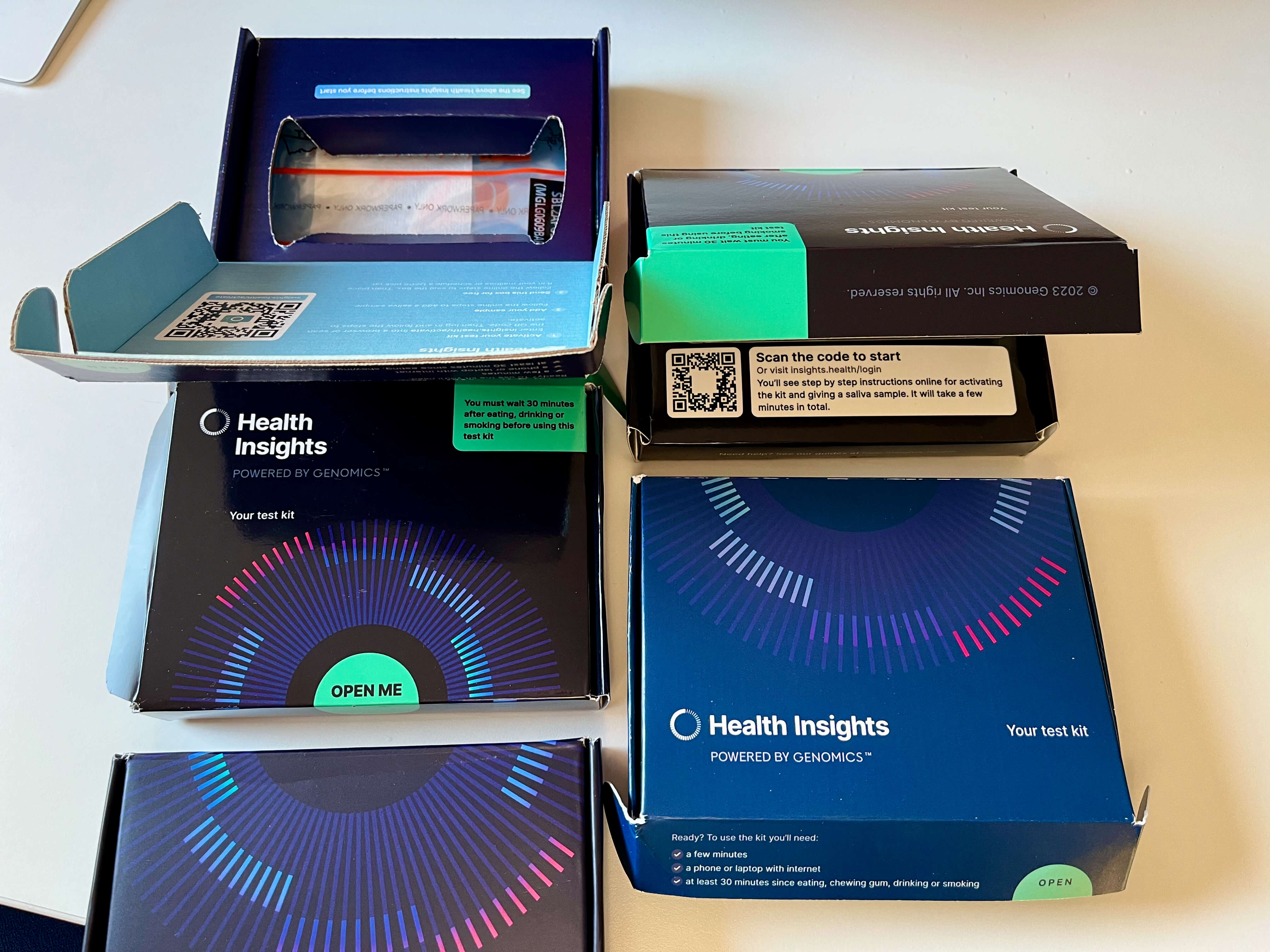 5 different test kit boxes with different designs and printing finishes.