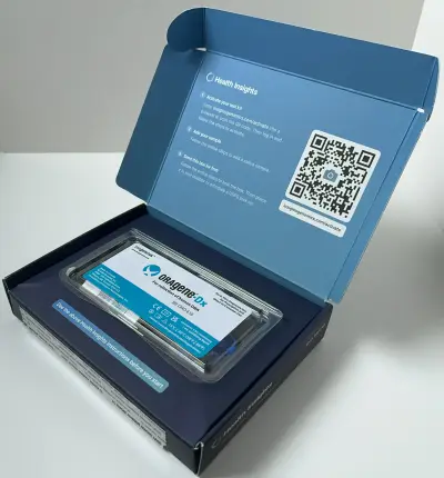 Test kit opened to show the new printed front panel above the sample device.