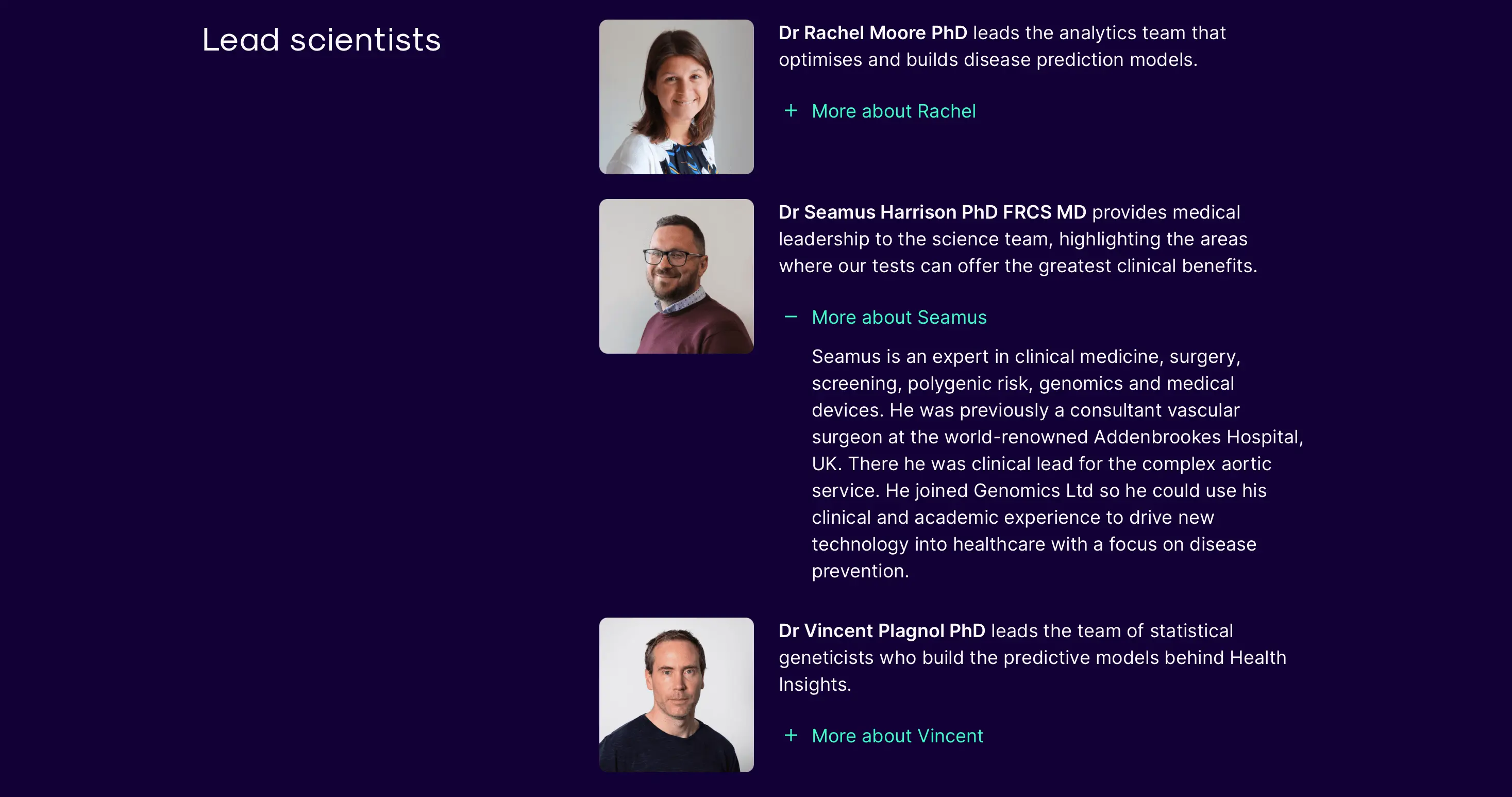 Custom illustrations of medical and executive staff on the redesigned Science page.