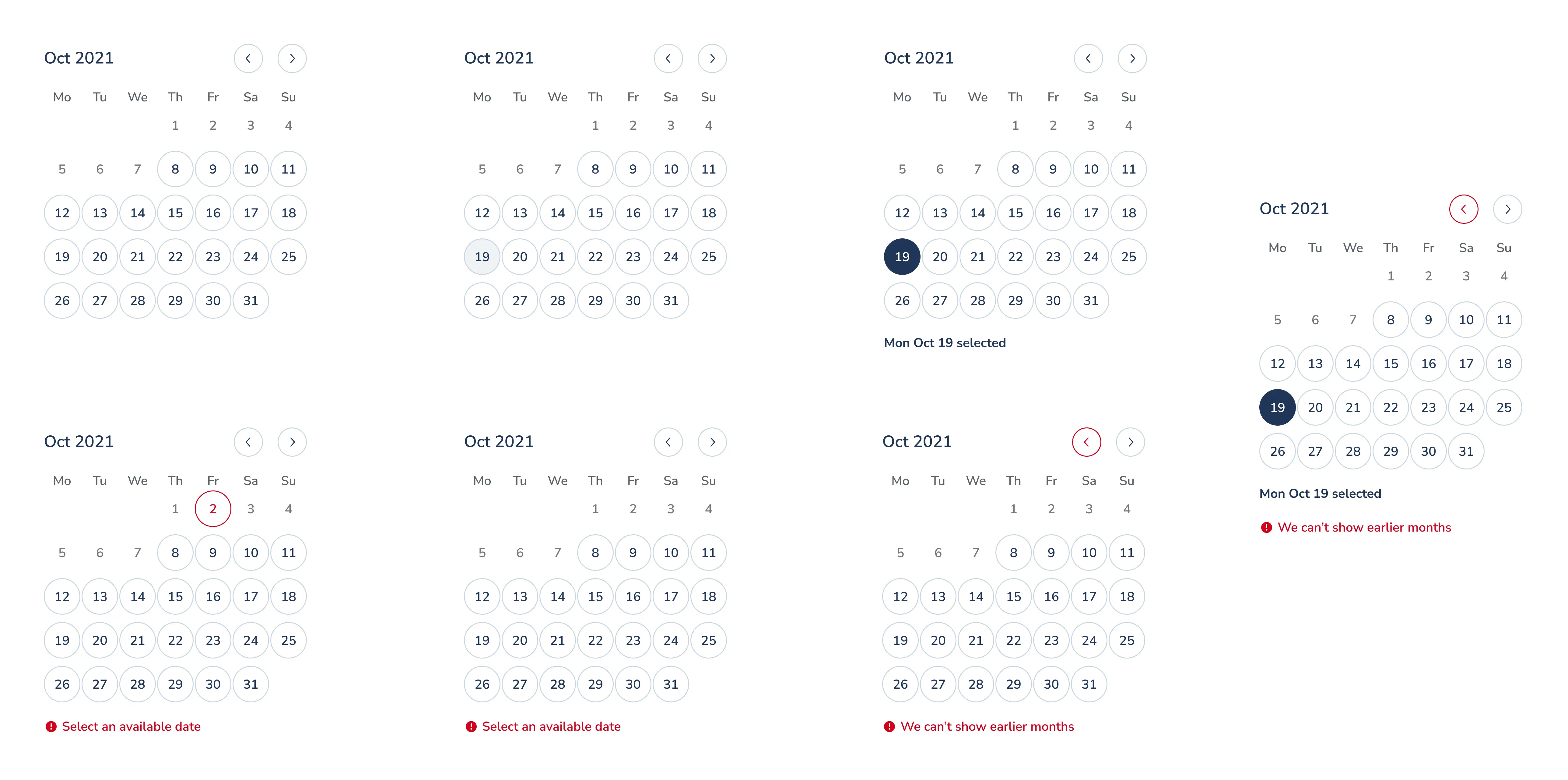 Enhanced paginated date picker UI states showing inline feedback.